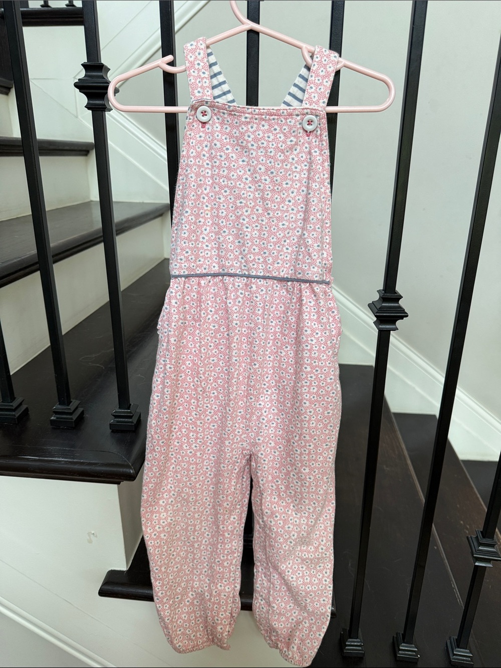 Baby Boden Pink Floral Overalls with Striped Lining